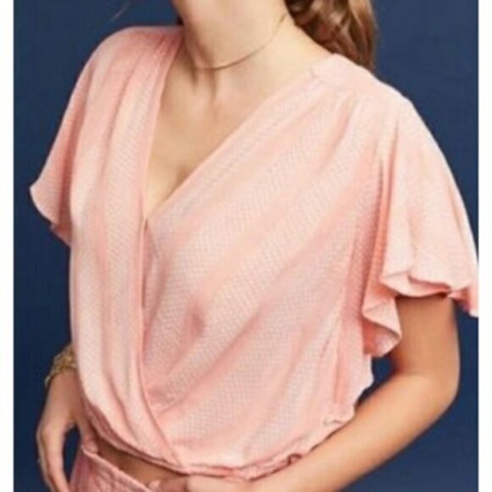 Mauve Anthropologie Pink White Polka Dot Cropped Ruffle Flutter Sleeves EUC